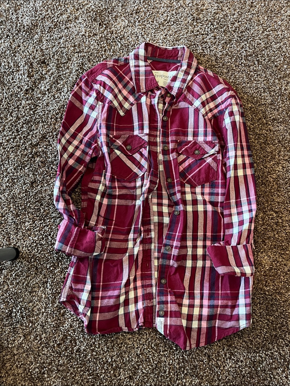 Aeropostale Women's Burgundy and White Plaid Button-Down Shirt